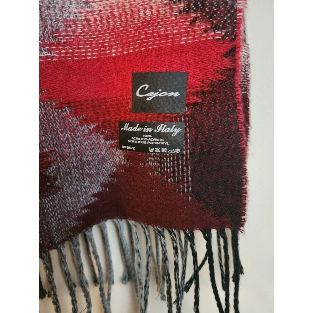Cejon Scarf Made in Italy Tribal Geometric Pattern Grey Red Fringe 10.5